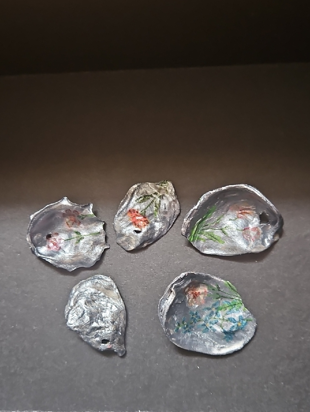 Hand Painted & Decopaged Floral Design Oyster Shell  Ornament Set.